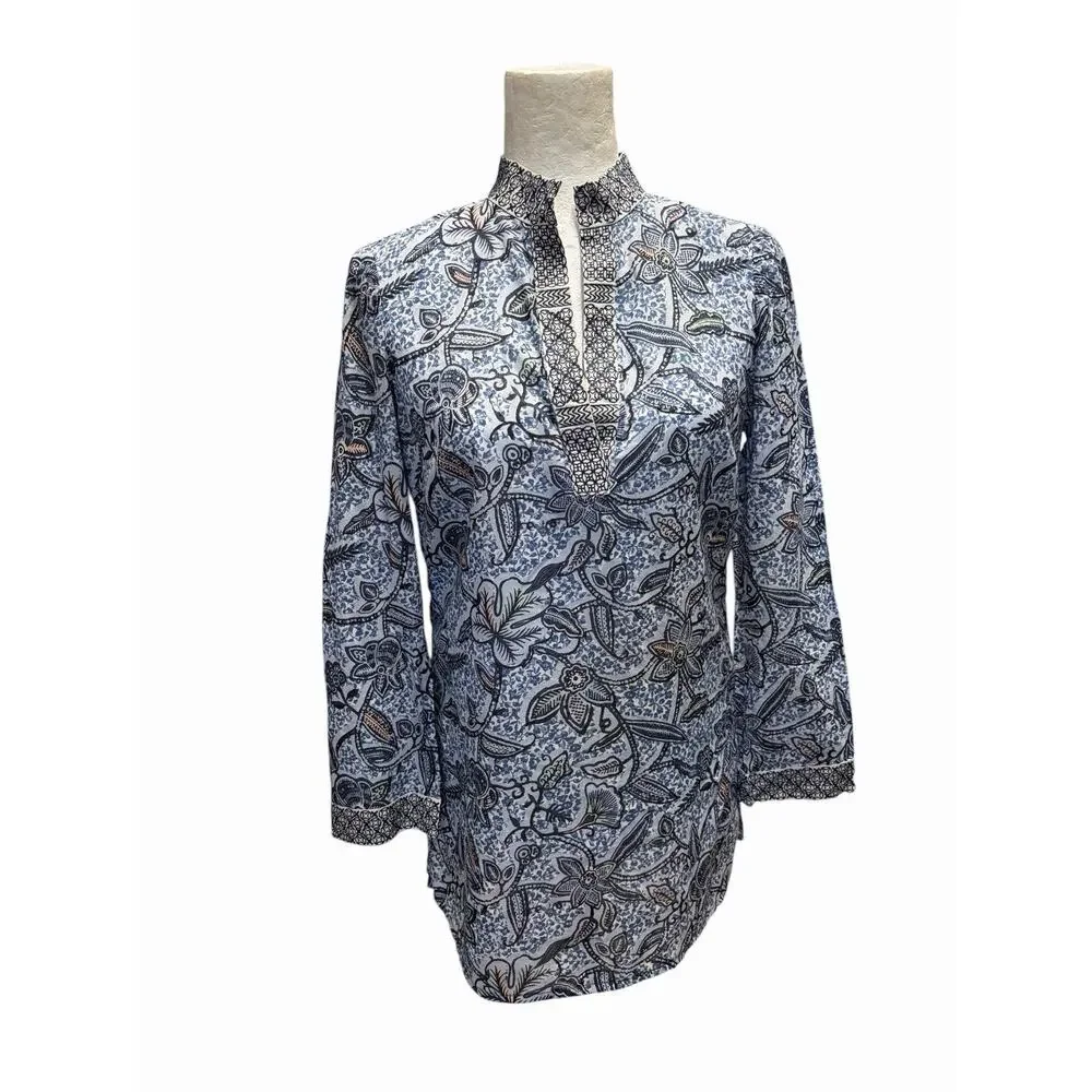 Tory Burch Lightweight Cotton Tunic Top Resort Wear Blue White Floral Size 2